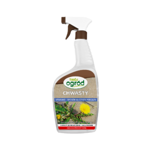 opakowanie w kształcie spryskiwacza produktu chwastobójczego Vitarand. Na etykiecie znajduje się chwast - mniszek lekarski wyrastający pomiędzy płytami chodnikowymi