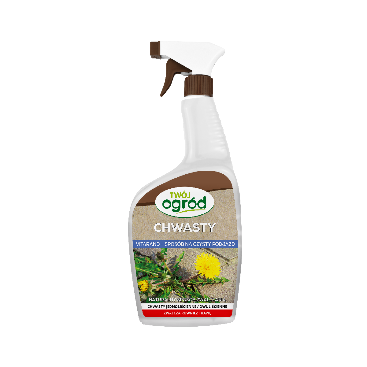 opakowanie w kształcie spryskiwacza produktu chwastobójczego Vitarand. Na etykiecie znajduje się chwast - mniszek lekarski wyrastający pomiędzy płytami chodnikowymi