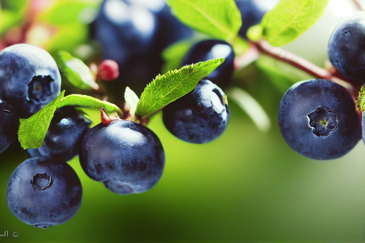 na jasnozielonym tle znajdują się duże, dorodne owoce borówki amerykańskiej na gałązce pomiędzy którymi poprzeplatane są zdrowe, zielone liście.