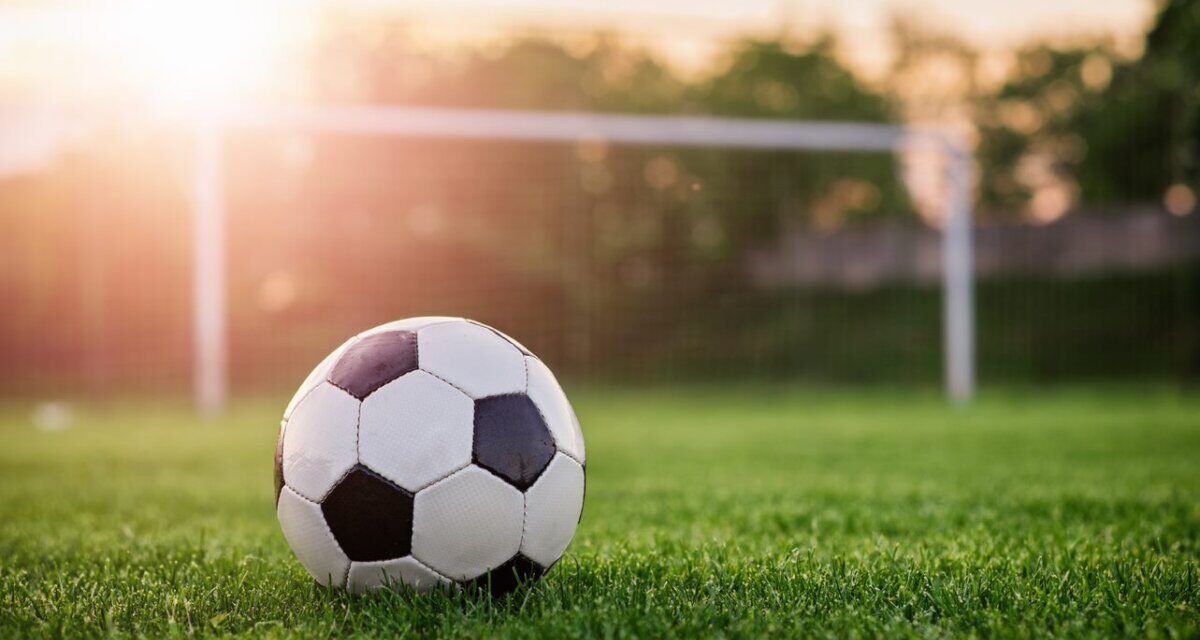 trawnik sportowy na którym leży piłka do gry w piłkę nożną. W tle bramka