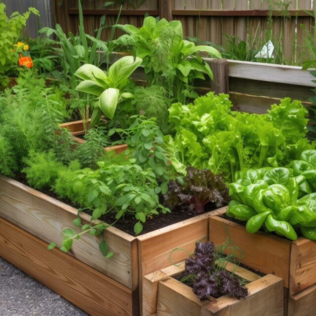 ciekawy warzywnik zbudowany z umieszczonych na różnych poziomach skrzyń drewnianych o różnej wielkości. Warzywnik umiejscowiony w rogu ogrodu wzdłuż płotu.