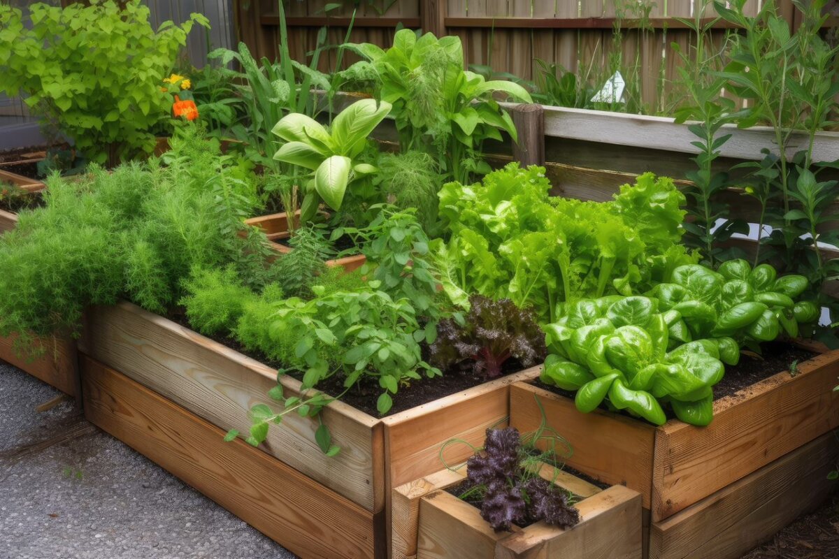 ciekawy warzywnik zbudowany z umieszczonych na różnych poziomach skrzyń drewnianych o różnej wielkości. Warzywnik umiejscowiony w rogu ogrodu wzdłuż płotu.