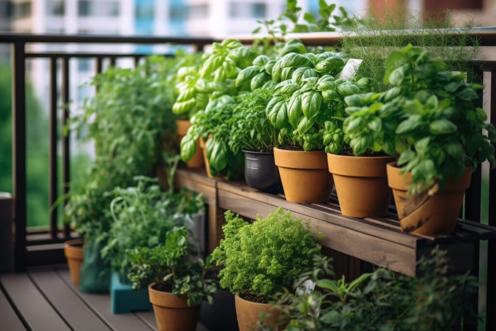 zioła w glinianych donicach ustawione na ławce i podłodze tarasu jako alternatywa wiejskiego warzywniaka dla mieszkańców bloków.
