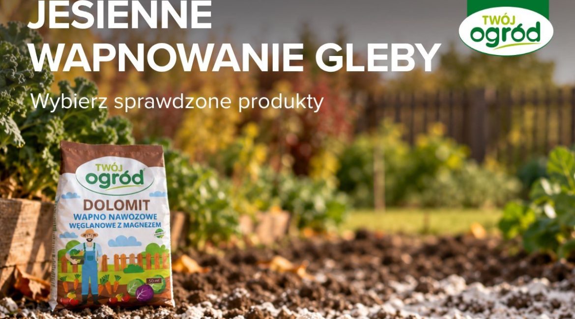 Baner z napisem „Jesienne wapnowanie gleby” przedstawiający opakowanie nawozu Dolomit marki Twój Ogród na posypanej białym wapnem glebie ogrodowej