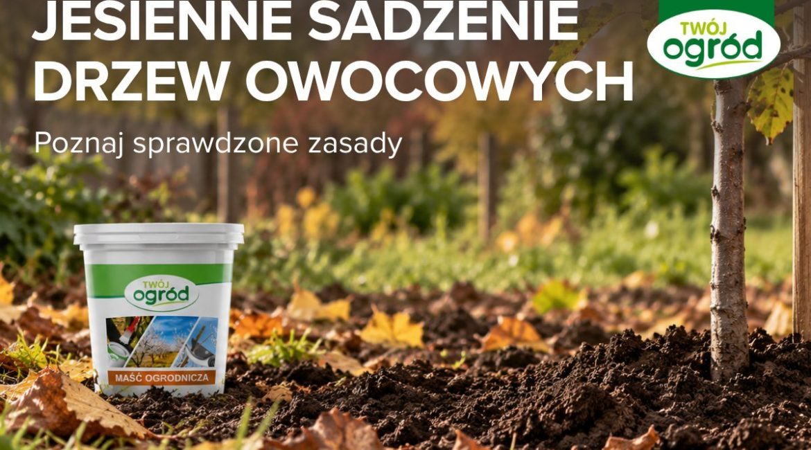 Grafika z napisem „Jesienne sadzenie drzew owocowych” prezentująca wiaderko maści ogrodniczej marki Twój Ogród obok świeżo posadzonego drzewka w ogrodzie